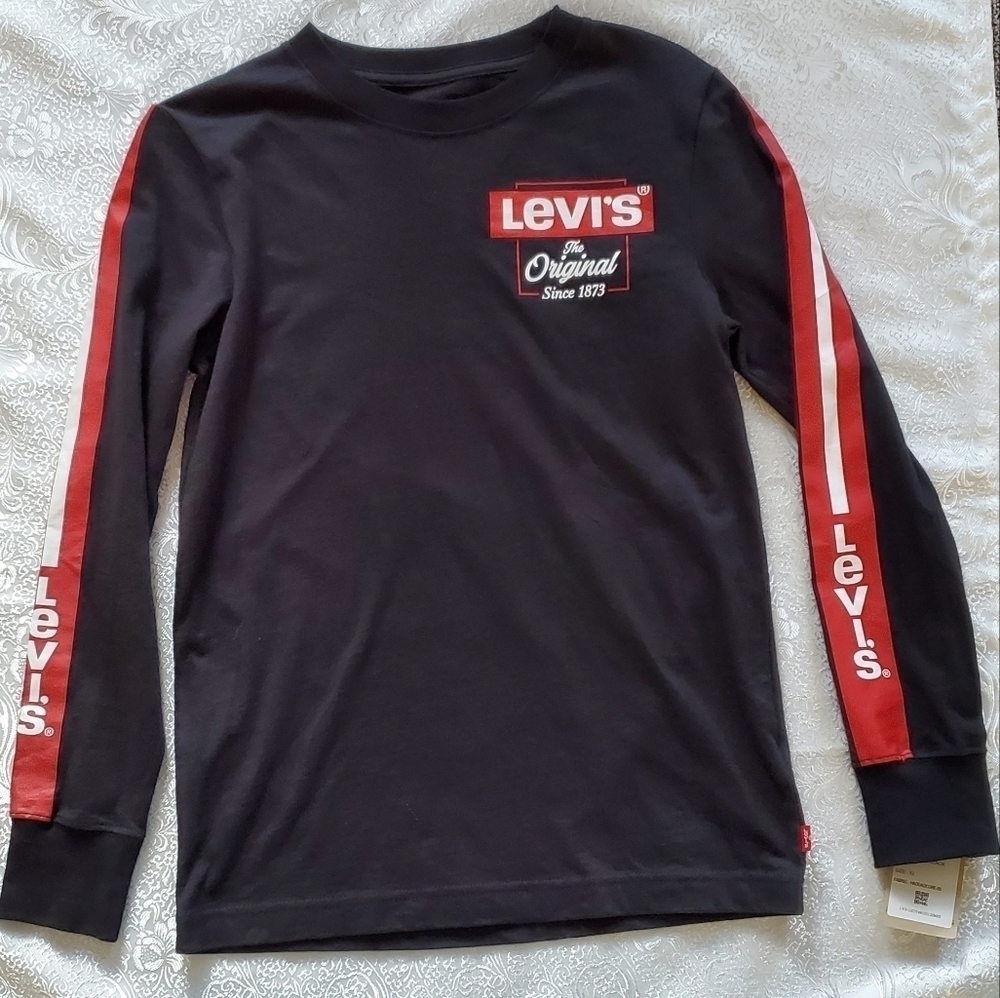Levi's boys shirt size‎ M black tee red stripes long sleeve sample NWT
